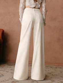 Anewsta Jeans anchos de talle alto, elegantes, con bordados y calados para mujer, adecuados para primavera y atuendo de fiesta de San Valentín - Blanco - Ver 2