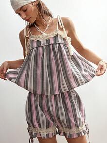 Bohemela Women's Chiffon Striped Camisole & Shorts 2 Pieces Set, Spring/Summer Vacation - Pink - View 3