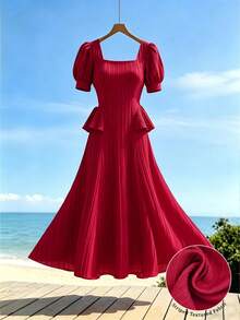 Modelyn Women's Burgundy Retro Square Neck Petal Sleeve Slimming Elegant Long Sleeve Dress Best Selling Dresses Zanea Dress For Woman Occasion Dresses For Women Buy Wedding Guest Dress Elegant Dress Women Dress - Burgundy - View 2