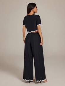 SHEIN PETITE 2件組女款對比色蕾絲飾邊短袖上衣與寬腿褲套裝，黑白格紋夏季波西米亞風度假休閒穿搭，適合嬌小身型女性 - 黑色 - 查看 2