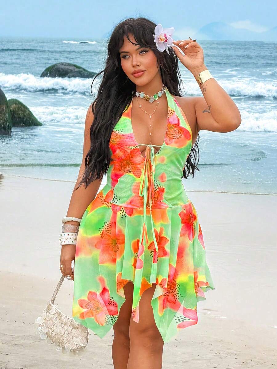 Rustia 大尺碼女款復古掛脖式海灘度假花卉印花不對稱綁帶V領性感緊身洋裝 - 珊瑚橙 - 查看 1