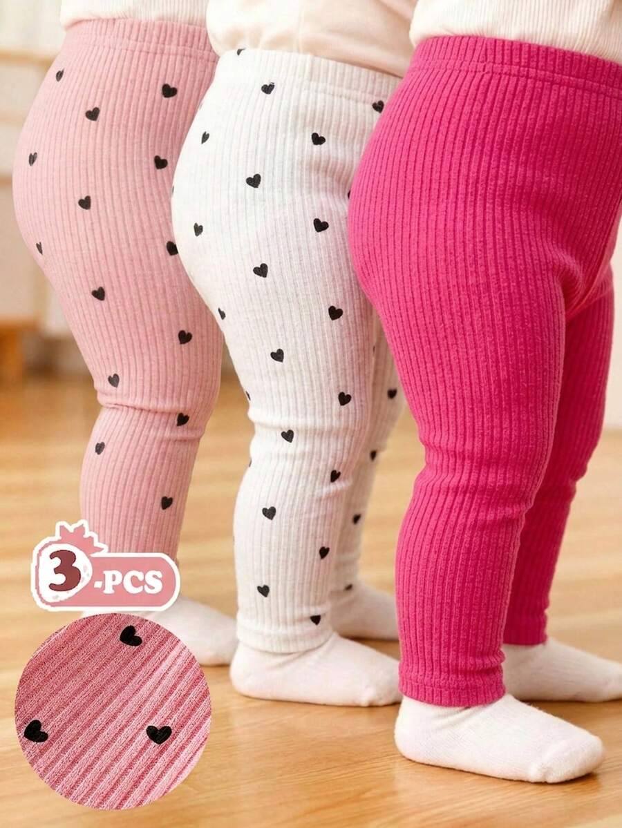 SHEIN Playful Pals 3件組女嬰彈性內搭褲 桃紅秋季可愛畢業款針織燈芯絨嬰兒長褲 休閒素色緊身褲下身