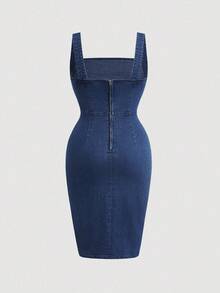 Jeanoix Đầm denim không tay ôm sát, cổ vuông, xếp ly dành cho nữ cỡ lớn - Màu xanh lam - Xem 2