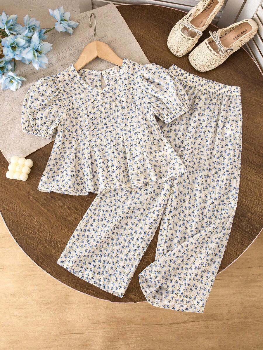 SHEIN Genkimix Kids Young Girl' French Countryside Floral Puff Sleeve Crop Top And Wide Leg Pants Set, Casual Summer Outfit - Multicolor - View 1