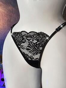 Metal Chain Decorated Gem Backless Sexy Ladies Underwear - Black - View 2