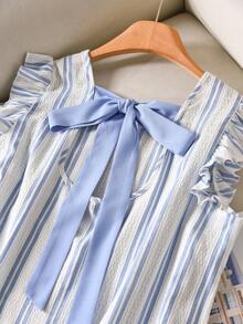 CosyJoli Áo kiểu dáng rộng rãi, thanh lịch, họa tiết da báo, tay ngắn, cổ tròn, thắt nơ, phối nhiều mảnh, dành cho người có vóc dáng đầy đặn. - Màu xanh lam - Xem 3