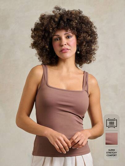 Rouah Women's Square Neck Sleeveless Tank Top Mauve Brown Fitted Jersey Bodice Premium Essential Basics Cami For Summer Casual