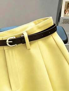 Franclia Celana Pendek Khaki Warna Polos Baru untuk Wanita, Model Kasual & untuk Berpergian, Pinggang Sedang-Tinggi, Dilengkapi Sabuk, Cocok untuk Musim Panas. - Kuning - View 3