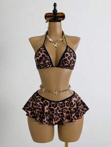 Swim Mod Leopard Women Beachwear 2pcs Set,Spaghetti Strap Top And Ruffle Bikini Bottom,Black,Summer,Casual,Beach,Holiday,Vacation,Holiday Sunbathing Outfits - Multicolor - View 4