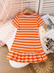 SHEIN Đầm dệt kim kẻ sọc cổ tròn họa tiết hoa 3D cho bé gái, kiểu dáng thường ngày. - Màu Cam cháy - Xem 2