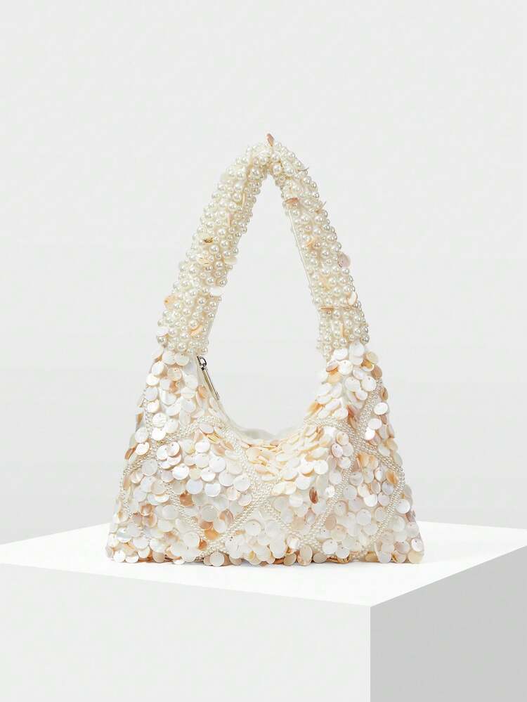 HEAVY INDUSTRY HAND-WOVEN BEADED PEARL TOTE BAG BANQUET BEAD SEQUIN UNDERARM CLUTCH BAG