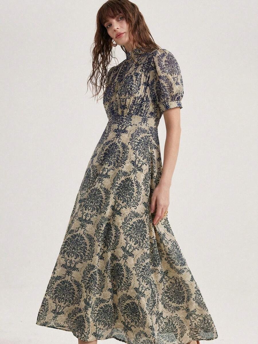 Aveloria Frievida 女士优雅高端轻盈奢华雪纺印花褶裥前腰收腰迷你立领长袖连衣裙 - 彩色 - 查看 1