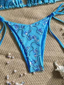 Costavie Bộ bikini gợi cảm gồm 2 món: áo ngực tam giác và quần bơi buộc dây bên hông bằng vải đặc biệt đính sequin nhiều màu sắc, thích hợp cho mùa xuân/hè. - Màu xanh lam - Xem 5
