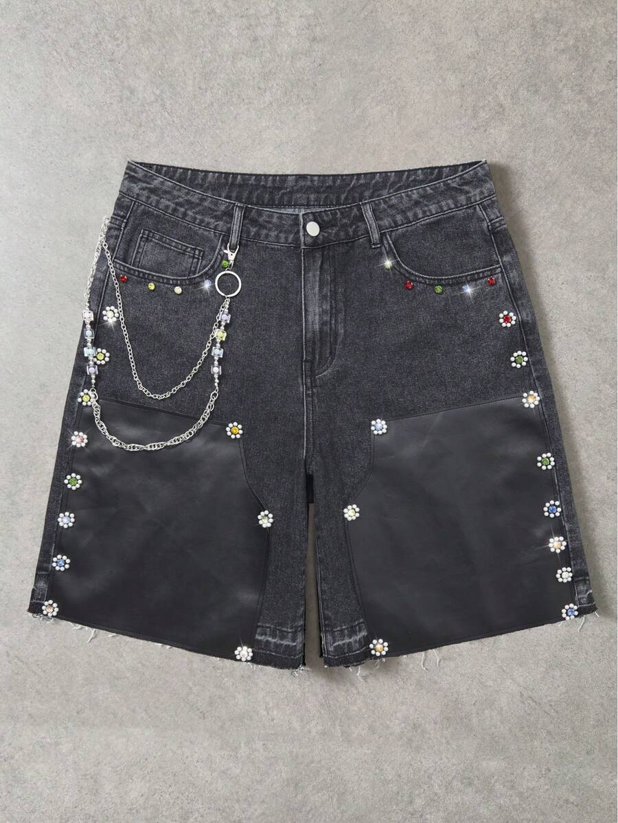 ROMWE MEN Street Life Celana Pendek Denim Longgar Kulit PU Patchwork Rhinestone Warna-warni untuk Pria, Gaya Kasual, Liburan, dan Perjalanan, Musim Panas - Hitam - View 1