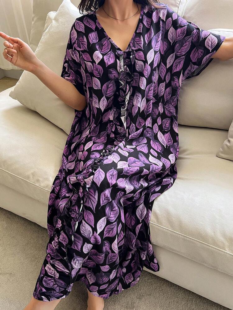 Women's Comfortable All-Over Print V-Neck Nightgown