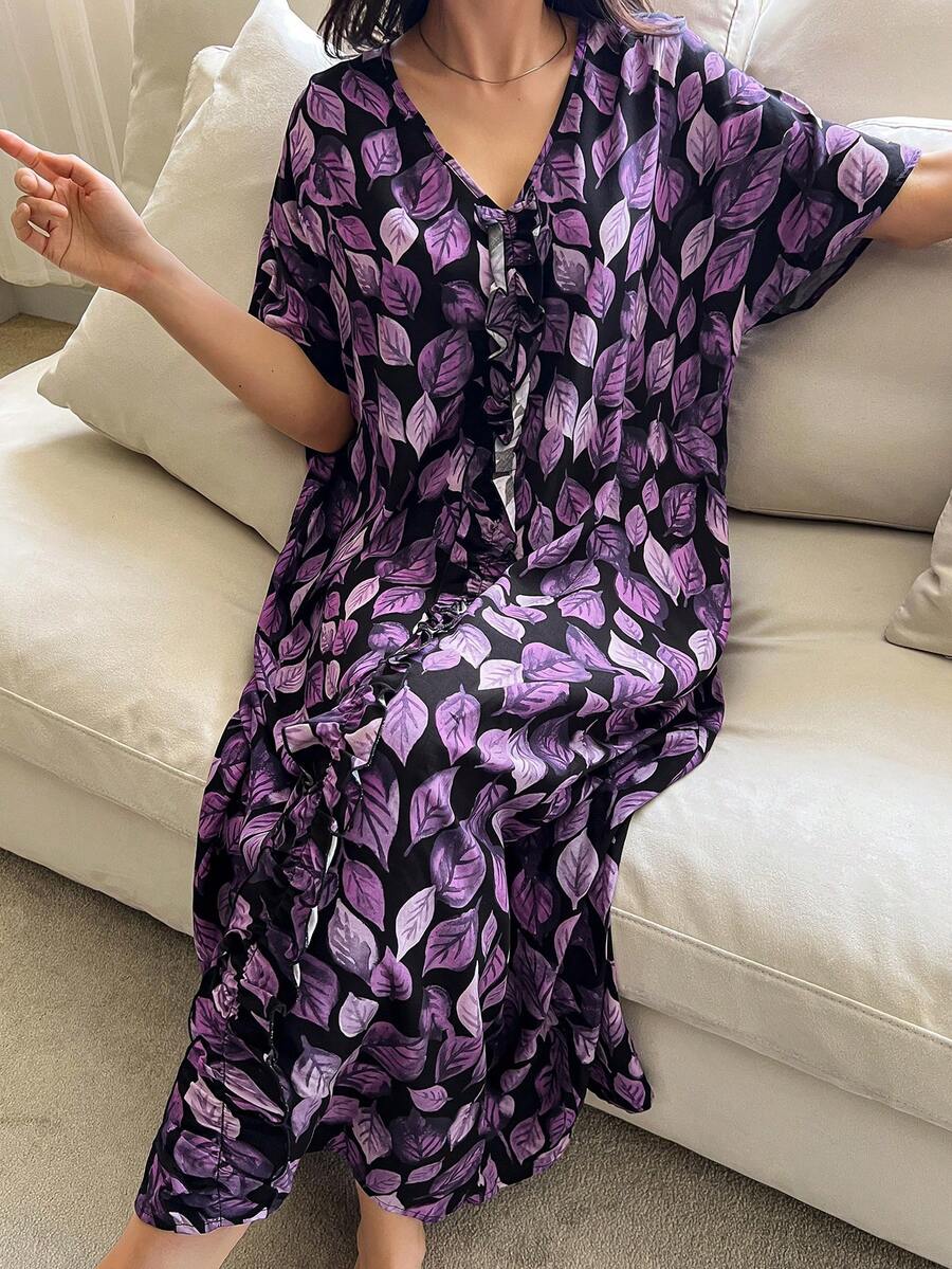 Women's Comfortable All-Over Print V-Neck Nightgown - Purple - View 1