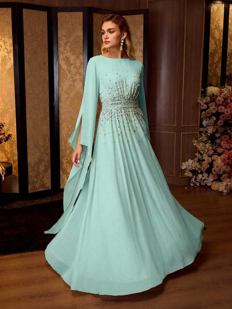 MOTF Soiréza WOMEN'S ELEGANT CHIFFON ROUND NECK ULTRA-LONG SLIT SLEEVE FLOOR-LENGTH PARTY GOWN, IDEAL FOR PARTIES, GALAS & NYE