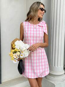 SHEIN Raffinéa 优雅格子印花蝴蝶结肩带荷叶边下摆迷你连衣裙，女款，粉色和白色 - 粉色 - 查看 4
