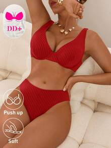 Swim DD+ Conjunto de playa para mujer 2026 SS, Conjunto de traje de baño de mujer, 2 piezas, tela con textura a rayas elegante, romántica y sexy para resort de playa, exclusivo para busto DD+, sujetador con aros de soporte PUSH UP, copa desmontable acolchada, conjunto de bikini, negro, marrón café, marrón, sexy y lujoso, elegante y conocedor, romántico resort, Moda nueva primavera verano 2026, Año Nuevo, Día de San Valentín, Vuelta al cole, Temporada de viajes, Adecuado para vacaciones, playa, picnic de té de la tarde, fiesta, uso diario, ocio, deportes al aire libre, conjunto de moda - Rojo - Ver 4