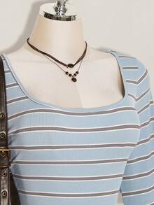 SHEIN ICON 大码彩色条纹露背喇叭袖针织连衣裙 - 淺藍色 - 查看 3