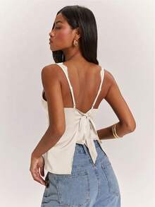 SHEIN BAE Áo hai dây satin ren xuyên thấu màu đen gợi cảm, phù hợp để mặc đi club, hẹn hò, ăn trưa, đi du thuyền, đi làm, thanh lịch và quyến rũ. - Màu be - Xem 2