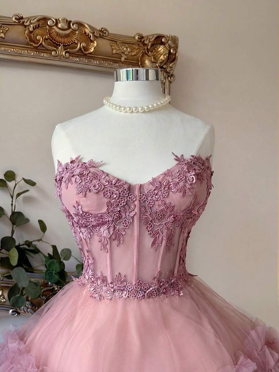 Lovelzi Elegant Lace Patchwork Satin Handmade Embroidered Applique Waist Cutout Fitted Short Dress, Suitable For Dates, Singles Parties, Galas, Balls - Dusty Pink - View 1