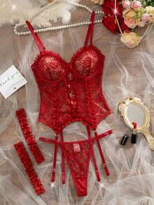 4pcs Women's Classic Sexy Romantic Lace Trim Camisole + Panty + Garter Set, Suitable For Wedding Season - Red - View 5