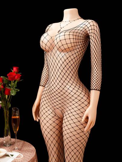 Lencería sexy para mujer Bodystocking | Diseño de cuello halter y abertura en la entrepierna | Mezcla de nailon y elastano de alta elasticidad | Malla de red con patrón de pesca negra elegante | Detalles calados | Elástico, no transparente | Lavado a mano | Ropa interior íntima para adultos, rave