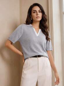 Anewsta Women's Knit Patchwork Short Sleeve Top - Light Grey - View 1