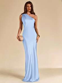 SHEIN BAE Sage Green, Pistachio Green Sexy Satin Backless Maxi Fishtail Dress, Bridesmaid Dress, Satin Dress, Sexy Dress, Brunch Dress, Wedding Guest Attire,Dresses For Women Summer - Baby Blue - View 3