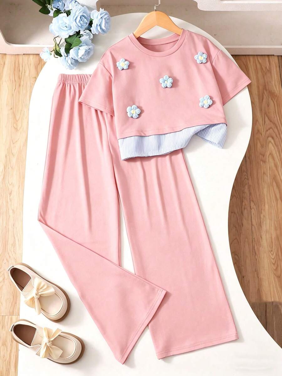 SHEIN 2件套女童碎花印花T恤和高腰纹理阔腿裤套装