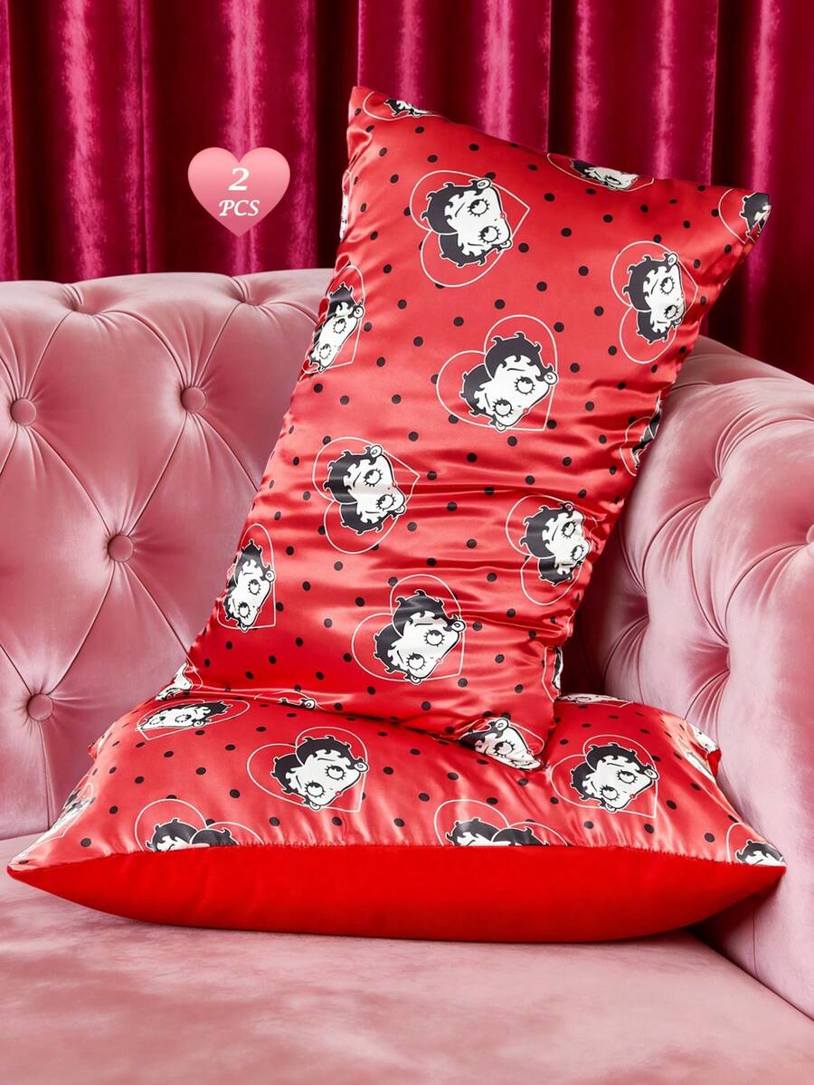 Betty Boop x SHEIN 2pcs Red Cartoon Character Decorative Satin Pillowcase Set, A Set Of 2, Thickened Material, Comfortable And Soft, Pattern Printing, Multi-Size Can Be Selected, Suitable For Various Pillows, Machine Washable - red and black - View 1