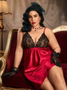 PinupPomp Plus Size Bowknot Decorated Lace Panel Backless Satin Sexy Pajama Night Dress With Spaghetti Straps - Red - View 7