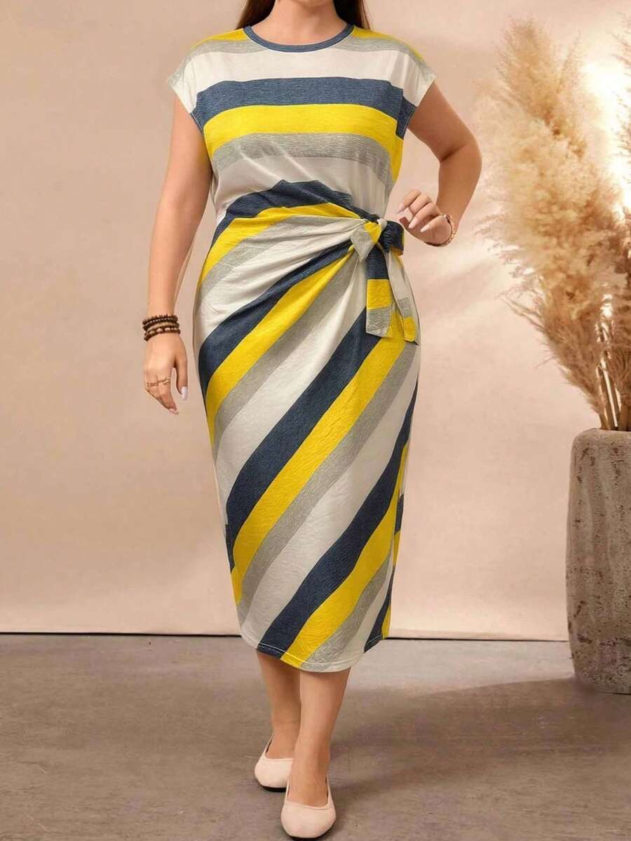 Plus Size Women Striped Print Twist Front Short Sleeve Casual Dress Maxi Women Outfit - Yellow - View 1