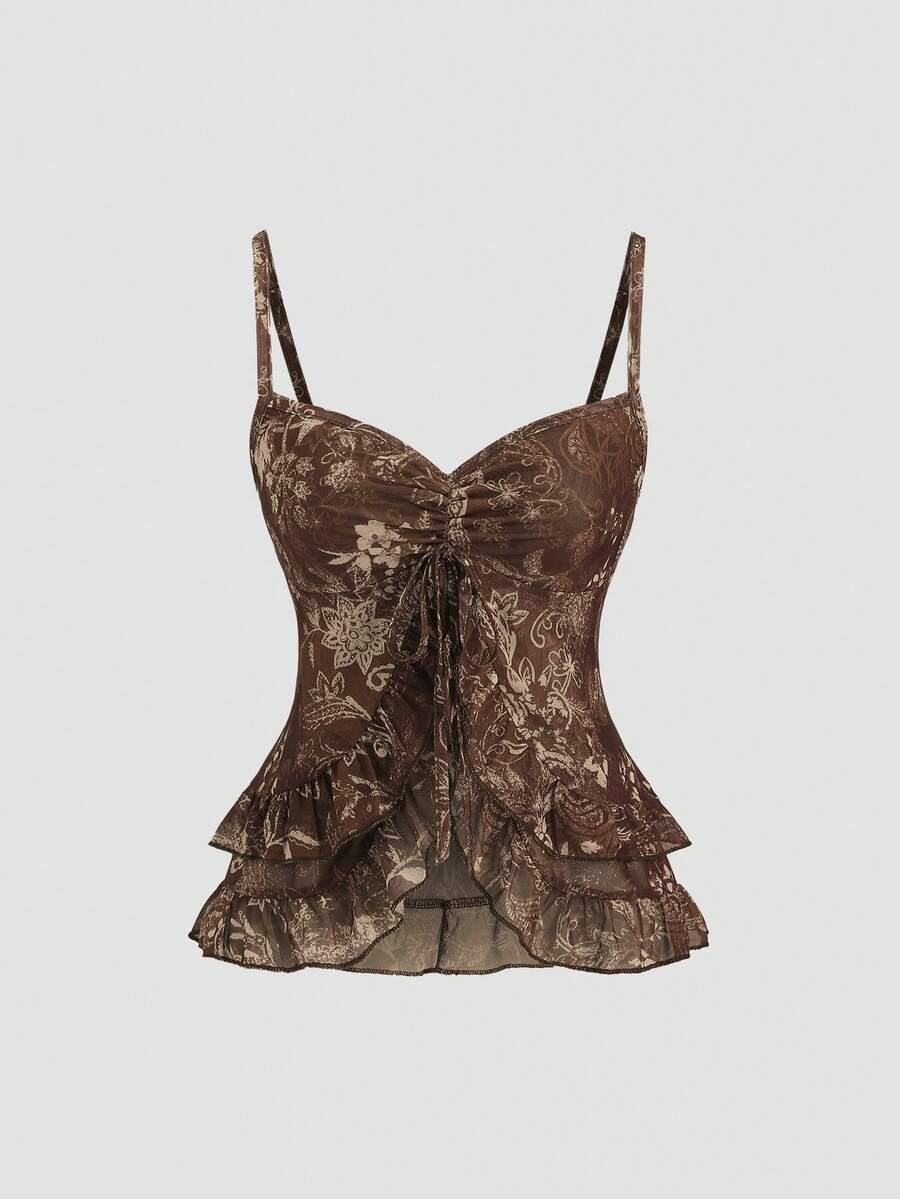 Sweetra Women's Bohemian Vintage Printed Mesh Ruffle Trim Camisole - Brown - View 1