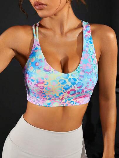 SHEIN Rhythm Era Plus Size Women Asymmetric Criss-Cross Back Ombre Leopard Print Sports Bra For Outdoor Workout