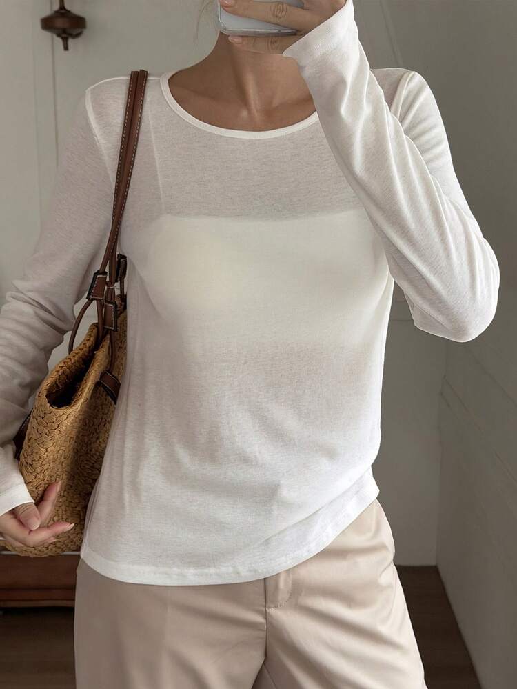 Women's Solid Color Round Neck Long Sleeve Casual Versatile T-Shirt