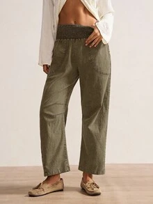 Bohemela Women's Casual Solid Color Woven Loose Low Waist Pants, Autumn/Winter Boho Style - Army Green - View 5