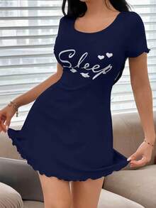 SHEIN Women's Casual Short Sleeve Love Letter Print Ins Style Nightgown, Summer - Blue - View 5