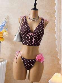 Bellisia 2pcs/Set New Arrival Spring/Summer Polka Dot Drawstring Tie Side Bikini Bottoms & Camisole Top For Women - Multicolor - View 3