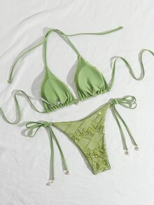 Costavie Swim Basics 两件式泳衣套装，采用闪亮纹理面料，珍珠装饰，挂脖三角胸罩和侧系带泳裤，性感比基尼套装，适合春夏海滩度假 - 薄荷綠 - 查看 2