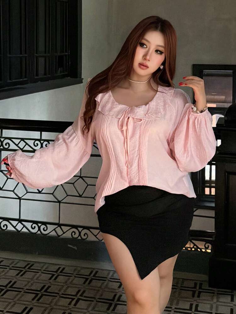 Dazy Plus Plus Size Women's Ruffled Collar Tie-Front Fitted Lantern Sleeve Long Sleeve Chiffon Blouse, Pink, Spring/Summer