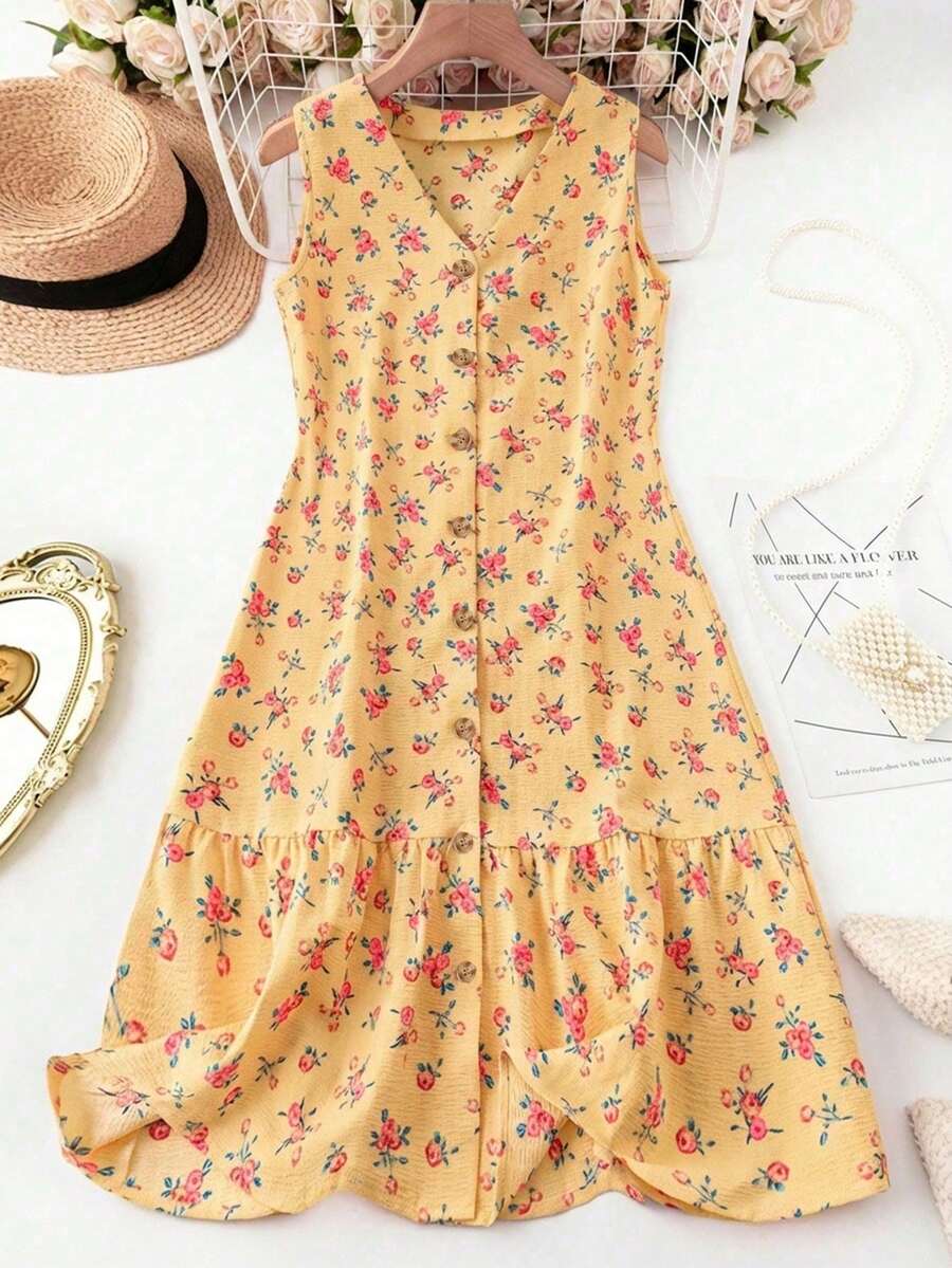 GlowEve Đầm babydoll họa tiết hoa nhí dành cho nữ, kiểu dáng thoải mái, không tay, thích hợp cho kỳ nghỉ hoặc mặc hàng ngày. - Nhiều màu - Xem 1