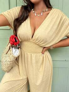 Vionelle Combinaison ample pour femmes grande taille, nouvelle collection printemps et été, style décontracté pour les vacances, col V profond. Combinaison élégante en tricot avec ceinture nouée à la taille et plissée. Style campagne, convient pour le plein air et les vacances. - Jaune clair - Voir 4