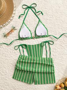 Costavie Nuevo conjunto de traje de baño de mujer de 3 piezas con estilo de rayas de punto texturizado de alta corte con lazos laterales, copa triangular y control de abdomen, con estampado - Verde - Ver 3