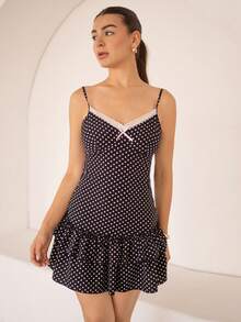 Andrea Bello Women's Bow Decor Ruffle Hem Slip Dress - Black - View 1
