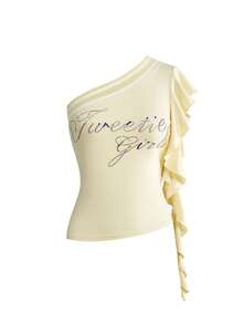 ROMWE Spring/Summer Women's Y2K Sexy Rhinestone Decor Asymmetric Hem Sleeveless Fitted Crop Top - Yellow - View 1