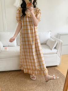 少女黄色格子睡裙，宽松长款荷叶边领花瓣袖甜美夏季睡衣 - 黃色 - 查看 5