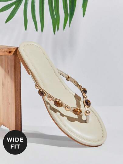 SHUZIA Wide-Fit Women's Fashion Casual Comfy Thone Flat Sandals With Gemstone Decor -Punk Chic, Edgy &