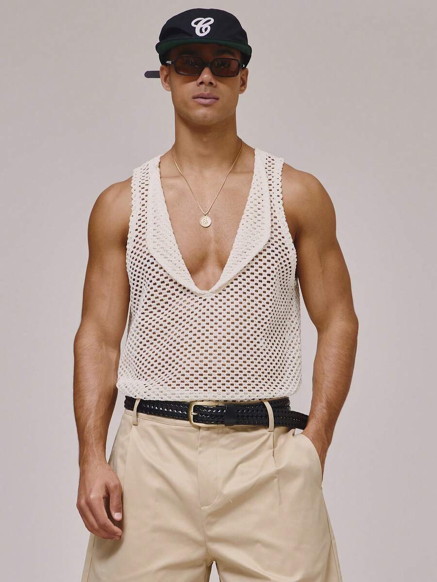 Deep V Neck Collared Sleeveless Top Vest Open Gauage Knit Vest Spring Summer Holiday Essentials Beach - Beige - View 1